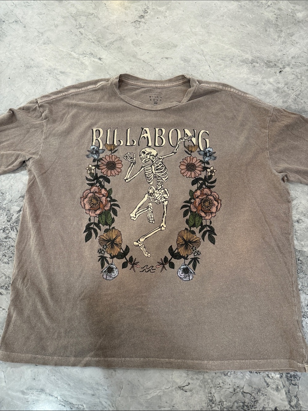 Billabong Taupe Graphic Tee with Floral Skeleton Design